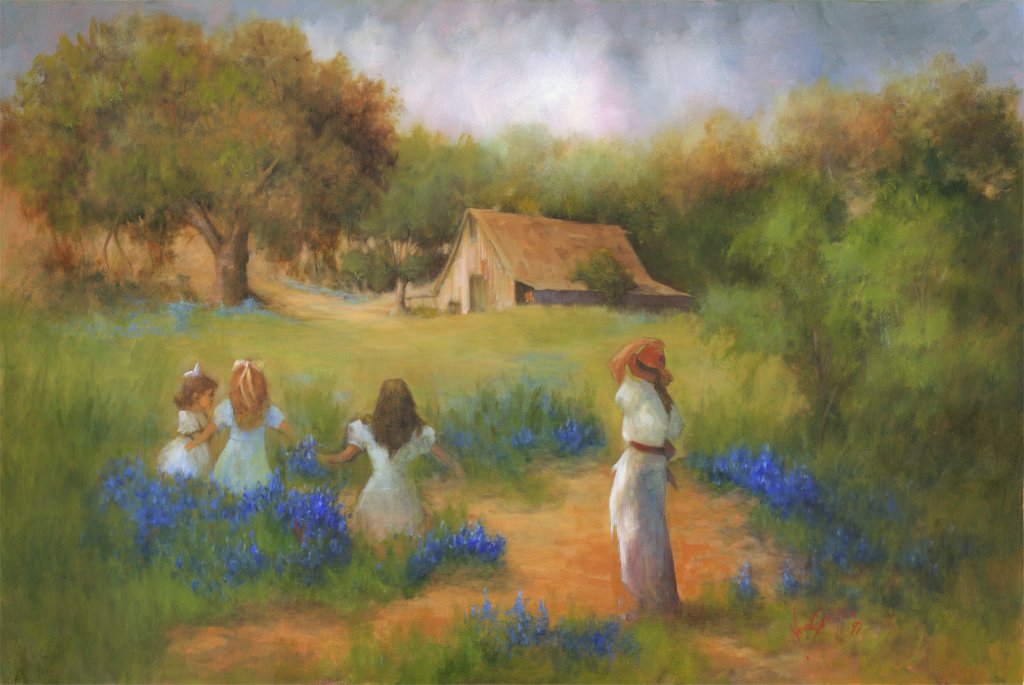 Woman and three girls in a field of bluebonnets