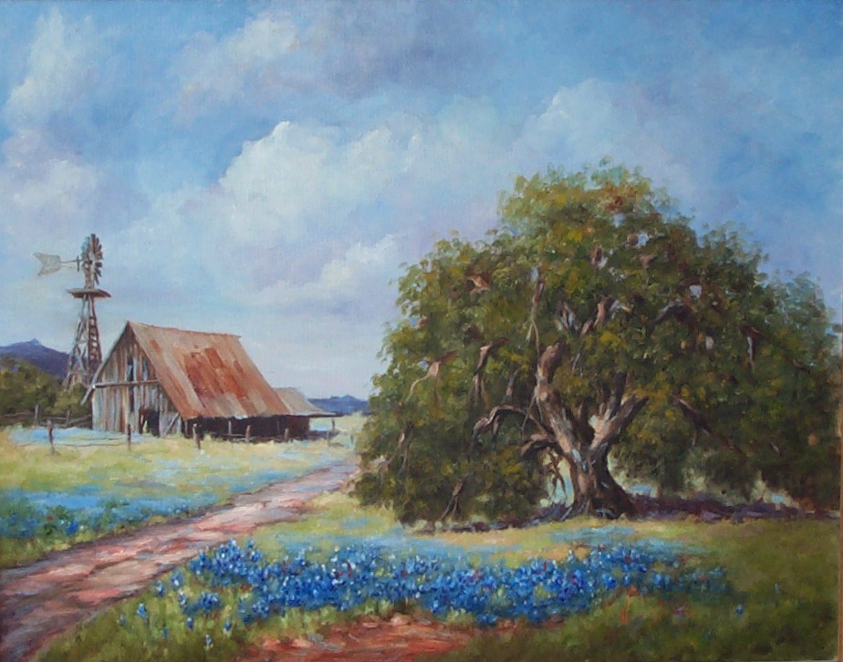 Bluebonnet scene with house and windmill