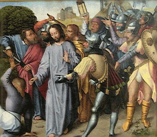 Jesus Restores the Ear of the Servant - by the Master of the Evora Altarpiece 1500